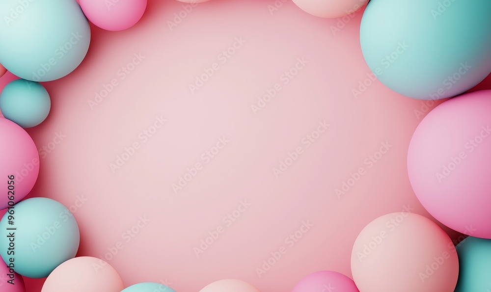 Poster pastel pink and blue 3d spheres frame background with empty space for text, minimalist design, abstr
