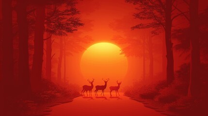 Peaceful autumn forest with graceful deer silhouettes against a stunning vibrant sunset sky