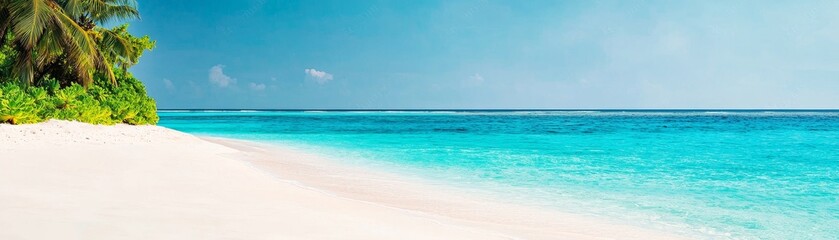 Fototapeta premium pristine tropical beach with azure waters and lush palm trees.