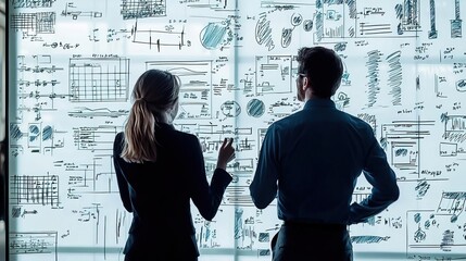 Business professionals analyzing data on a glass wall filled with sketches and graphs, symbolizing teamwork and innovation.