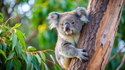 Fototapeta premium Koala leisurely climbing in a gum tree, koala, tree, gum tree, climbing, walk, wildlife, Australian, marsupial, fur, eucalyptus