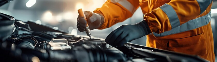 Obraz premium Mechanic inspecting the coolant level and radiator as part of a vehicle check