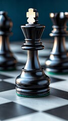 Fototapeta premium black chess king piece on chessboard with blue background - strategy, leadership, game, victory, power.