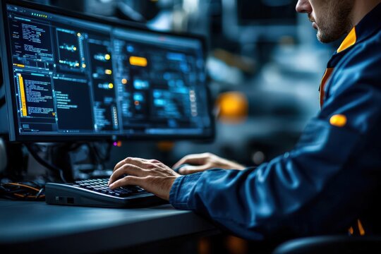 Technician using a computer to run diagnostics on a vehicle's onboard systems