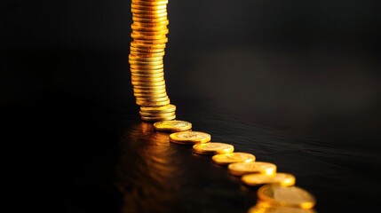 Fototapeta premium A striking image of golden coins stacked and lined up, symbolizing wealth, prosperity, and financial growth.