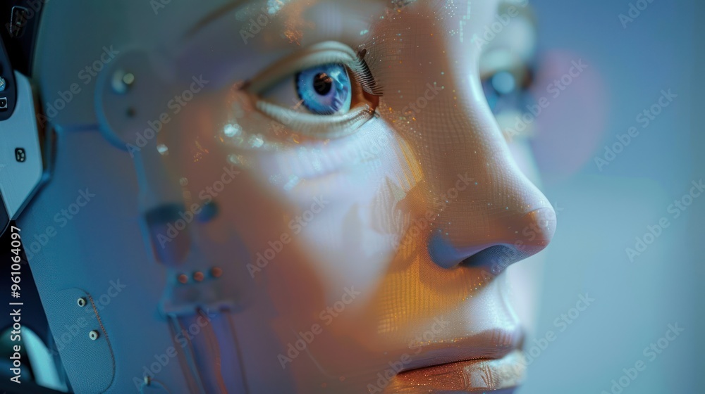 Poster artificial intelligence portrait: close-up of a humanoid robot's face