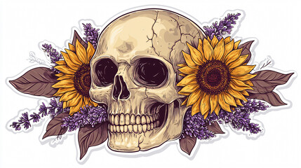 Fototapeta premium Spooky Smiling Skull with Bright Floral Crown in Fun Halloween Illustration
