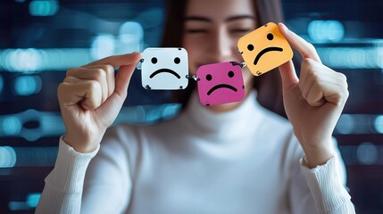 A woman holding colorful emoticons, expressing various feelings in a digital environment. Ideal for showcasing emotions and feedback.