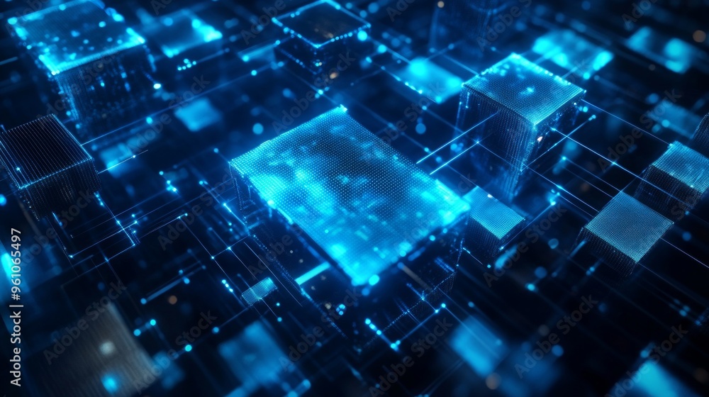 Poster abstract blue digital network with glowing cubes