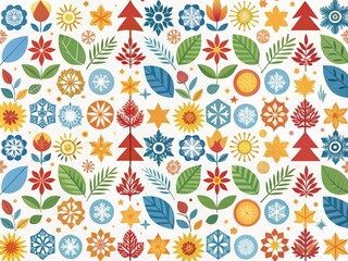 Obraz premium A stylized, flat-design pattern featuring iconic seasonal symbols, including snowflakes, flowers, suns, and leaves, arranged in a repeating grid that shifts from cool to warm colors and back again