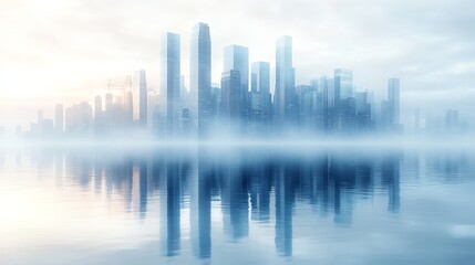 Fototapeta premium Cityscape Reflections: A watercolor cityscape, bathed in the soft glow of sunrise, reflects in the tranquil waters below. The image evokes a sense of serenity and urban beauty, capturing the essence 