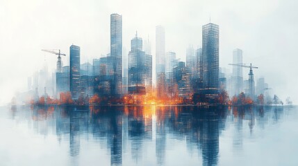 Cityscape Reflections: A watercolor cityscape, bathed in the soft glow of sunrise, reflects in the tranquil waters below. The image evokes a sense of serenity and urban beauty, capturing the essence 