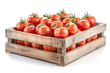 wooden box full of fresh tomato on a white background.
