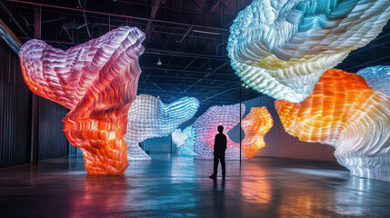 A mesmerizing light art installation in a dark room, with vibrant, translucent forms glowing in...