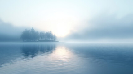 Obraz premium A serene, foggy lake scene with a small island of trees emerging from the mist, reflecting on the calm, blue water under a soft, diffused light.