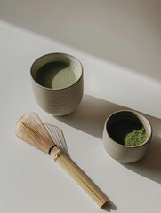 A traditional Japanese tea set with matcha powder and a bamboo whisk, artistically placed under soft sunlight, capturing the essence of tea culture and tranquility.