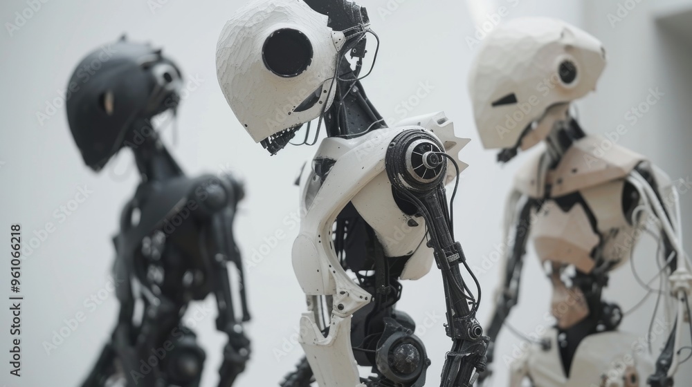 Poster three robotic humanoids stand in a line, showcasing advanced mechanical design and artificial intell