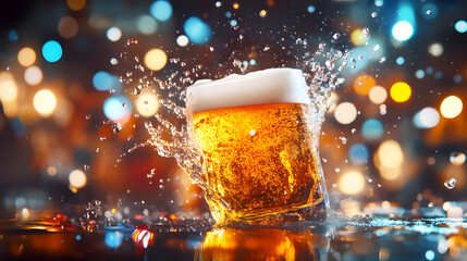 jubilant splash of beer captured in mid-air, with a festive backdrop that includes bright lights and celebratory decorations