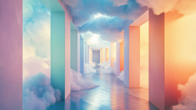 A surreal hallway with vibrant, cloud-filled rooms features a dreamy, ethereal atmosphere illuminated by soft pastel hues.