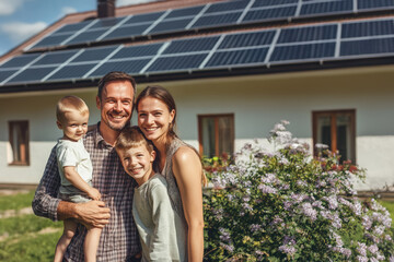 A happy family standing in front of their home with solar panels on the roof, surrounded by a lush garden and bright flowers.