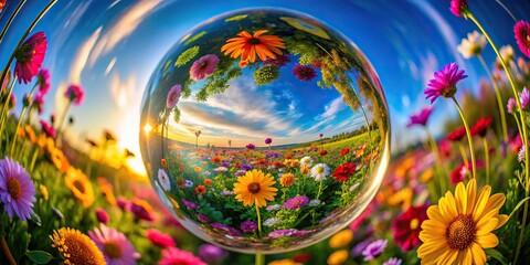 abstract colorful flowers and glowing orb