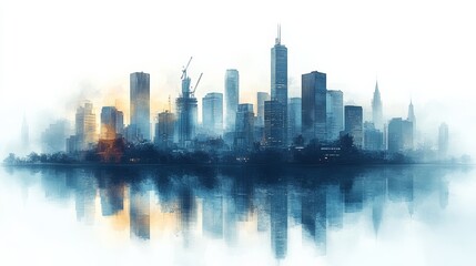 Fototapeta premium Cityscape Reflections: A watercolor cityscape, bathed in the soft glow of sunrise, reflects in the tranquil waters below. The image evokes a sense of serenity and urban beauty, capturing the essence 