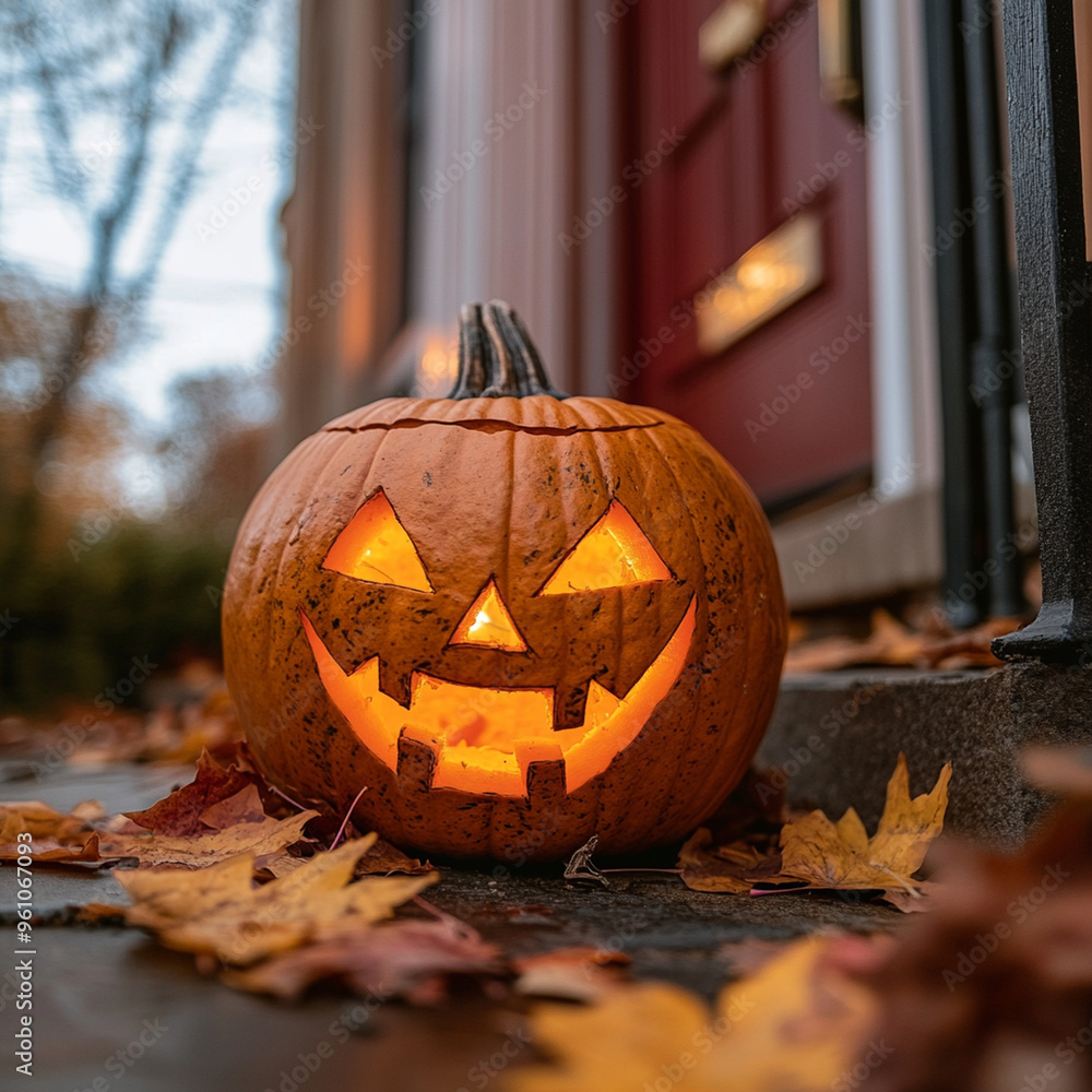 Wall mural a jack o lantern with sinister grin sits on doorstep, surrounded by autumn leaves, creating spooky h