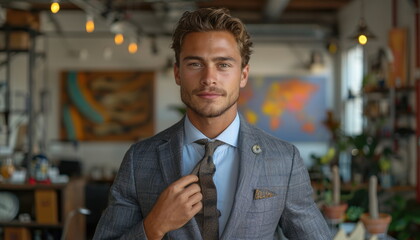 Man in Suit Adjusting Tie in Office