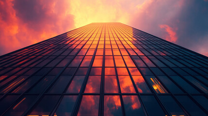 A modern skyscraper reflecting vibrant sunset with clean lines and glass facade creates stunning visual.