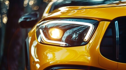 Headlight on a modern yellow car.