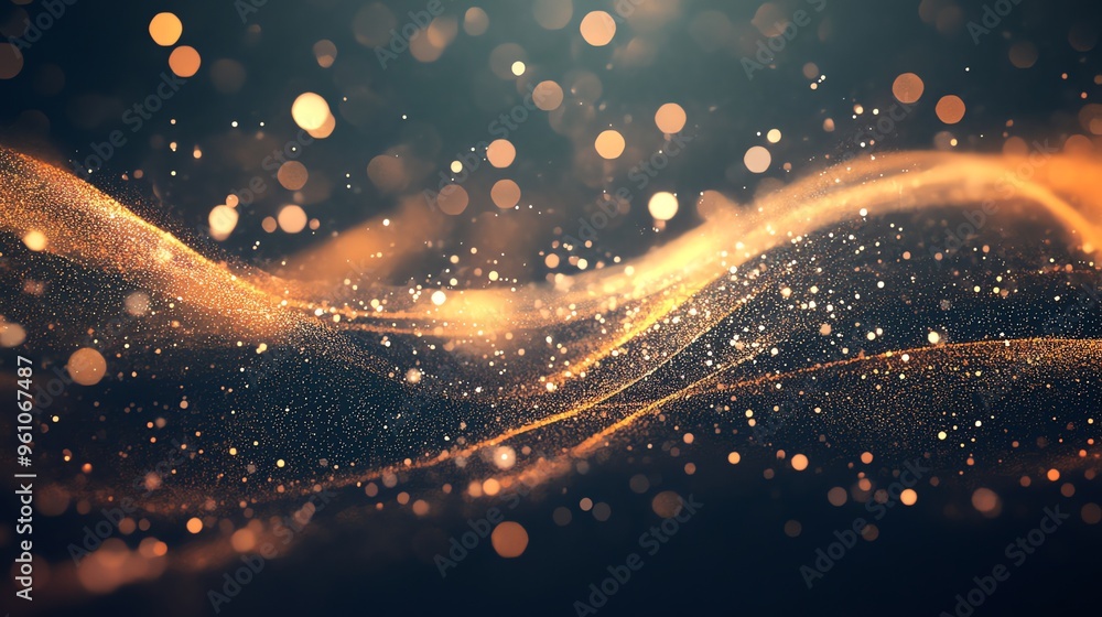 Poster abstract glittering wave with golden particles and bokeh lights on a dark background.