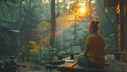 Fototapeta premium Woman working on laptop in forest at sunrise