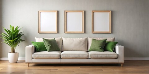 Abstract composition of empty frames on wall in front of white sofa with green and brown pillows