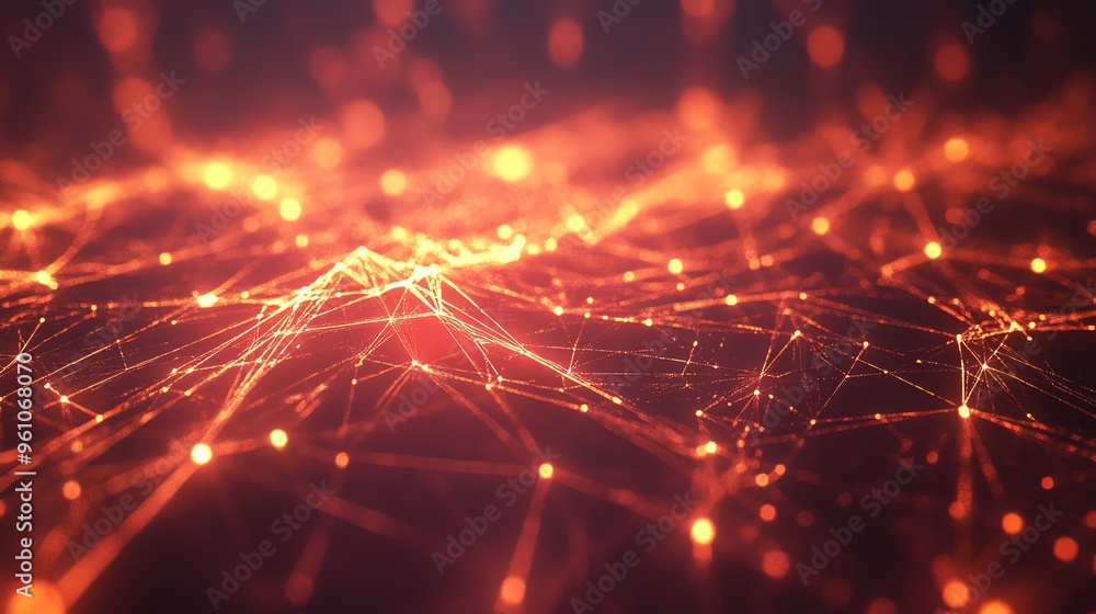 Poster abstract orange and red network of glowing lines and dots.