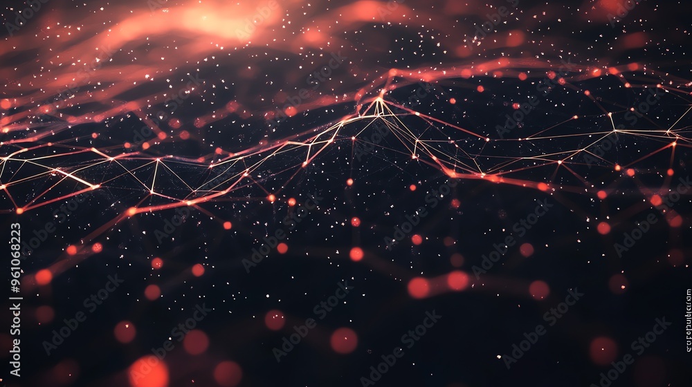 Poster abstract background with glowing red lines and dots forming a network.