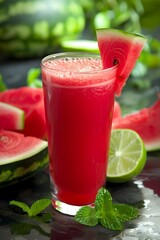 Glass of juice and watermelon pieces.