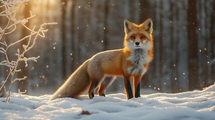Fototapeta premium Red Fox in Golden Winter Snowfall