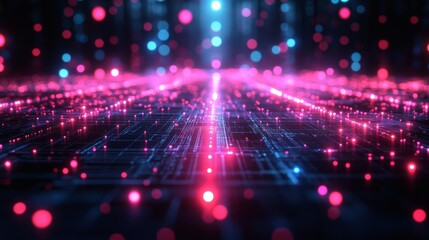 Obraz premium Digital Highway: A captivating abstract background of glowing pink and blue lights illuminating a futuristic circuit board, evoking a sense of digital progress and innovation.