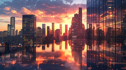 Obraz premium Cityscape Reflection at Sunset