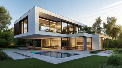 A stunning luxury villa with expansive glass walls and an inviting pool, surrounded by lush greenery in a tranquil setting.