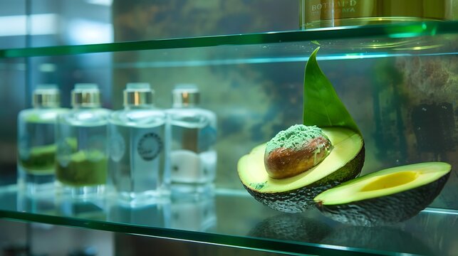 Glass case with an avocado masque and powder resort facials