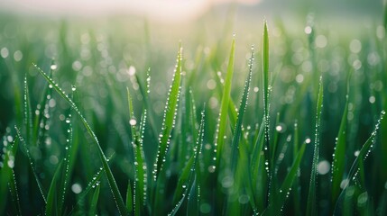 Obraz premium Green wheat field wallpaper with dew on leaves