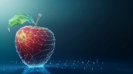 Low poly apple fruit with polygonal wireframe concept.