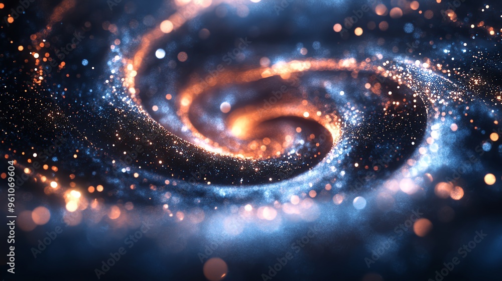 Poster abstract swirling background with glowing particles and bokeh.