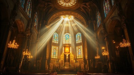Fototapeta premium Statue of Jesus Christ on Cross in Sunlit Cathedral