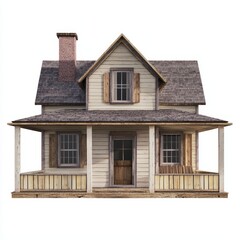 Fototapeta premium 3D Render of a rustic farmhouse with a front porch, on isolated white background