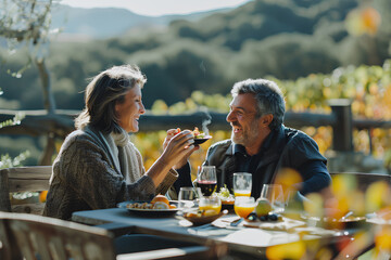 happy mid-aged couple having breakfast together at an outdoor table, the woman feeding the man food from her hand. The background is a sunny landscape of California wine country.