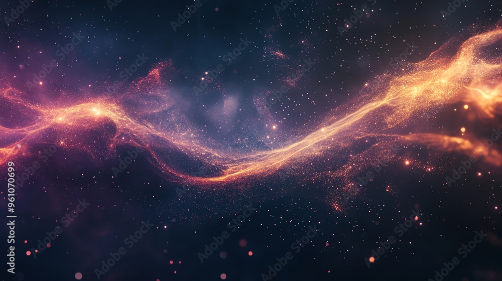 Poster abstract cosmic background with a stream of glowing particles in a starry sky.