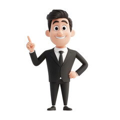 **Standing smiling man showing hand at direction. Cartoon happy businessman isolated PNG
