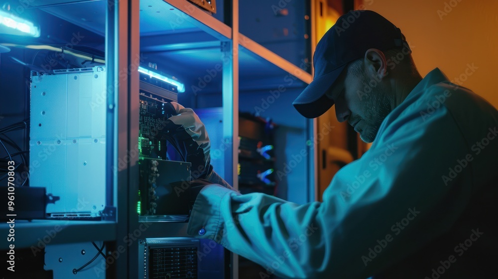 Poster technician working on server racks in data center